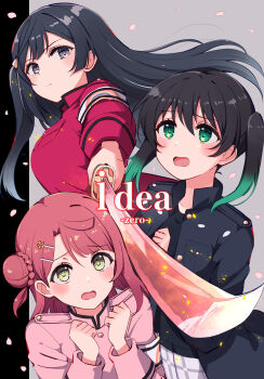 3girls absurdres black_hair breasts collarbone commentary cream_(nipakupa) gradient_hair green_eyes grey_eyes grey_hair hair_bun highres holding holding_sword holding_weapon katana large_breasts long_hair love_live! love_live!_nijigasaki_high_school_idol_club medium_hair multicolored_hair multiple_girls one_side_up orange_hair single_side_bun sword twintails upper_body weapon yellow_eyes yuki_setsuna