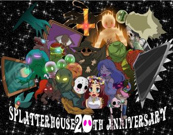 Rule 34 | 1boy, 2girls, ^ ^, bald, biggy man, bird, blush, bonus-kun (artist), brown hair, chainsaw, closed eyes, copyright name, couple, cross, cross necklace, dark-skinned male, dark skin, dress, english text, flower, ghost, green eyes, happy, hat, hetero, inverted cross, jennifer, jennifer willis, jewelry, long hair, mask, monster, multiple girls, namco, necklace, open mouth, rick, rick taylor, skeleton, smile, splatterhouse, veil, wedding, wedding dress, witch hat