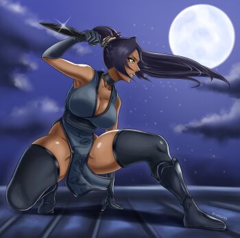 1girl artist_name bare_shoulders black_thighhighs bleach bleach:_sennen_kessen-hen breasts choker collarbone curvy dark-skinned_female dark_skin elbow_gloves gloves hair_ornament highres ivizard_art93 kunai large_breasts long_hair moon night night_sky ninja parted_bangs ponytail purple_hair shihouin_yoruichi shiny_skin sky thighhighs thighs weapon wide_hips yellow_eyes