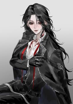 Rule 34 | 1girl, black gloves, black hair, cowboy shot, genderswap, genderswap (mtf), gloves, gradient background, grey background, highres, light smile, long sleeves, looking at viewer, ouzhoumimei, path to nowhere, red eyes, rust (path to nowhere), shirt, sitting, solo, white shirt