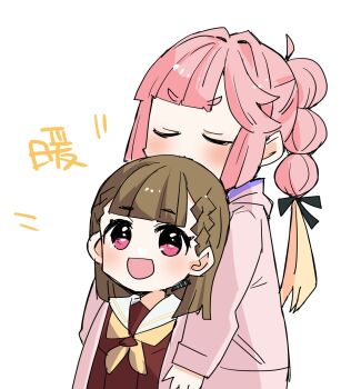 2girls :d ahoge anyoji_hime behind_another black_ribbon blonde_hair braid brown_dress brown_hair center-flap_bangs colored_tips commentary_request dress hair_ribbon hasu_no_sora_school_uniform highres hood hooded_jacket jacket kachimachi_kosuzu kanduki_kamibukuro link!_like!_love_live! long_hair long_sleeves love_live! multi-tied_hair multicolored_hair multiple_girls open_clothes open_jacket open_mouth pink_eyes pink_hair pink_jacket ponytail ribbon sailor_collar sailor_dress school_uniform shared_clothes shared_jacket side_braids sidelocks simple_background smile upper_body virtual_youtuber white_background white_sailor_collar winter_uniform