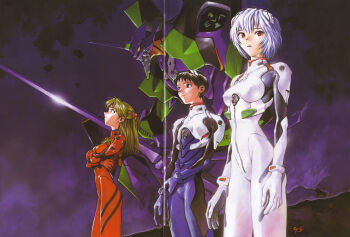 1boy 2girls :o absurdres albino ayanami_rei black_hair blue_bodysuit blue_hair bodysuit bracer breasts color_halftone cowboy_shot crease crossed_arms eva_01 evangelion_(mecha) from_side glint gloves hand_on_own_arm headgear highres horns ikari_shinji impossible_clothes interface_headset_(evangelion) looking_at_viewer looking_to_the_side looking_up mecha mecha_pilot_suit mechanical_horns multiple_girls neon_genesis_evangelion official_art open_mouth orange_hair pale_skin photoshop_(medium) plugsuit_(evangelion) red_bodysuit red_eyes robot sadamoto_yoshiyuki scan science_fiction short_hair signature single_horn skinny small_breasts souryuu_asuka_langley white_bodysuit