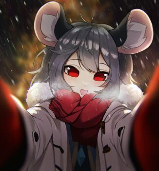 Rule 34 | 1girl, alternate costume, blurry, blurry background, blush, breath, coat, grey hair, highres, long sleeves, looking at viewer, nazrin, open mouth, parasoru buruu, pov, red eyes, red scarf, scarf, smile, snowing, solo, touhou, upper body, white coat