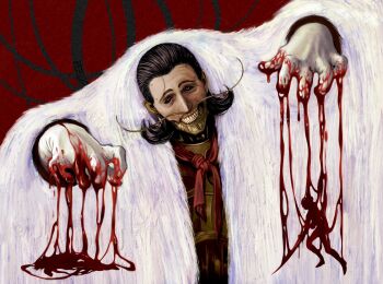 1girl 2boys arlecchino_the_blood_artist black_hair black_sclera blood coat colored_sclera commentary english_commentary evil_smile highres horror_(theme) lantherodon lea_florence_monad lies_of_p lies_of_p:_overture looking_at_viewer marionette multiple_boys puppet red_background romeo_(lies_of_p) smile standing white_coat