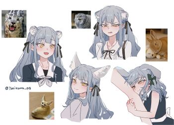 1girl :d aged_down animal animal_ear_fluff animal_ears arm_hug artist_name back_bow bang_dream! bang_dream!_it's_mygo!!!!! bare_arms belt black_dress black_ribbon black_shirt blue_hair blush bow buttons cat_ears cat_girl child chinese_commentary clenched_teeth closed_mouth commentary_request cropped_shoulders cropped_torso dress extra_ears fennec_fox floppy_ears fox fox_ears fox_girl frown furrowed_brow glaring green_ribbon grey_neckerchief hair_ribbon haneoka_school_uniform highres kemonomimi_mode long_hair long_sidelocks looking_ahead looking_back medium_hair multiple_views narrowed_eyes neck_ribbon neckerchief open_mouth pallas's_cat photo-referenced photo_inset rabbit rabbit_ears rabbit_girl reference_inset ribbon sailor_collar school_uniform shirt sidelocks simple_background one_ear_down sleeveless sleeveless_dress smile snow_leopard snow_leopard_ears snow_leopard_girl teeth togawa_sakiko tsukinomori_school_uniform turning_head twitter_username two_side_up upturned_eyes v-shaped_eyebrows white_background white_belt white_bow white_sailor_collar white_shirt winter_uniform yellow_eyes yukikuma_(yukikuma_018)