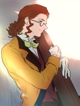 1boy brown_eyes brown_hair brown_pants brown_vest classicaloid closed_mouth commentary_request franz_schubert_(classicaloid) glasses gloves green_ribbon hallch holding_case instrument_case long_sleeves looking_ahead male_focus pants ribbon shirt short_hair solo upper_body vest white_gloves white_shirt
