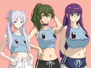 3girls alternate_costume bespectacled black-framed_eyewear black_choker black_shorts blue_shorts blunt_bangs breasts character_print choker collarbone commentary contemporary cropped_shirt dolphin_shorts earrings elf english_commentary fern_(sousou_no_frieren) frieren gen_1_pokemon glasses green_hair grey_hair half_updo hand_on_own_hip hands_in_pockets highres jewelry large_breasts light_smile lineup long_hair looking_at_viewer matching_outfits medium_breasts midriff multiple_girls navel nintendo pants parted_bangs pink_background pointy_ears pokemon print_shirt purple_hair shiren_(ourboy83) shirt shorts side_ponytail simple_background sleeveless sleeveless_shirt small_breasts sousou_no_frieren squirtle stomach teardrop_earrings twintails ubel_(sousou_no_frieren) very_long_hair white_pants
