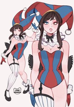 Rule 34 | alternate costume, asymmetrical gloves, asymmetrical legwear, back bow, black bow, black bowtie, black shoes, blue eyes, blue eyeshadow, bow, bowtie, breasts, brown hair, cleavage, eyeshadow, gloves, hat, heterochromia, high heels, highres, jester, jester cap, jester costume, kamii momoru, large breasts, leotard, lips, makeup, multicolored hat, narrow waist, pomni (the amazing digital circus), red eyes, red eyeshadow, shoes, sidelocks, single thighhigh, striped clothes, striped headwear, striped leotard, the amazing digital circus, thighhighs, vertical-striped clothes, vertical-striped leotard