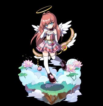 1girl :t angel angel_wings bell black_background blue_eyes blush_stickers bow_(weapon) brown_shoes closed_mouth cloud dress elbow_gloves feathered_wings flat_chest flower flying full_body gloves hair_between_eyes halo highres holding holding_bow_(weapon) holding_weapon leaf long_hair lotus merc_storia merc_storia_art_team official_art open_hand pink_flower pink_hair shoes short_dress sidelocks simple_background solo strapless strapless_dress tachi-e therese_(merc_storia) thighhighs thighs v-shaped_eyebrows weapon white_gloves white_thighhighs white_wings wings
