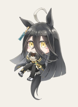 1girl absurdres ahoge animal_ears black_coat black_gloves black_hair black_pantyhose blush blush_stickers chibi coat coffee_mug collared_shirt cup ear_tag earrings full_body gloves hair_between_eyes highres holding holding_cup horse_ears horse_girl horse_tail jewelry long_bangs long_hair long_sleeves looking_at_viewer manhattan_cafe_(creeping_black)_(umamusume) manhattan_cafe_(umamusume) mug multicolored_hair necktie pantyhose re1m1 shirt simple_background single_earring skirt solo tail umamusume very_long_hair white_hair yellow_eyes yellow_necktie