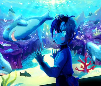 1girl :o absurdres against_glass air_bubble animal_bag aquarium artist_name bag blue_eyes blush bubble commentary coral crown english_commentary eyelashes glint hand_on_glass heterochromia highres chromashift ikea_shark jewelry looking_at_viewer looking_back lucinda_grey multicolored_hair open_mouth red_eyes rin_penrose ring shark_bag short_hair sparkle split-color_hair stuffed_animal stuffed_shark stuffed_toy two-tone_hair virtual_youtuber water