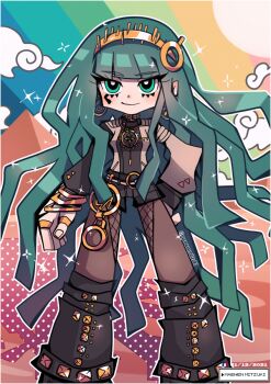 1girl cleopatra_(fate) crossover earrings eyelashes fate/grand_order fate_(series) gold_earrings gold_necklace green_eyes green_hair highres jewelry long_hair maewenmitzuki necklace panty_&amp;_stocking_with_garterbelt panty_&amp;_stocking_with_garterbelt_(style) parody pyramid_(structure) solo type-moon