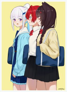 Rule 34 | 3girls, alternate costume, ange katrina, animal ears, bag, black skirt, blue bag, blue cardigan, blue eyes, blue hair, blue serafuku, blue shirt, blue skirt, blush, border, bow, bowtie, braid, brown hair, cardigan, closed mouth, collared shirt, colored inner hair, commentary, dog ears, dog girl, fang, fang out, flower, frilled skirt, frills, from side, grey border, hair flower, hair intakes, hair ornament, hair over shoulder, highres, holding, holding bag, inui toko, lize helesta, lize helesta (4th costume), long bangs, long hair, looking at another, looking to the side, low twin braids, medium hair, miniskirt, multicolored hair, multiple girls, nijisanji, open cardigan, open clothes, open mouth, pleated skirt, ponytail, purple eyes, red bow, red bowtie, red eyes, red hair, rinfamm, sailor collar, sanbaka (nijisanji), school bag, school uniform, serafuku, shirt, shoulder bag, sidelocks, simple background, skirt, sleeves past wrists, streaked hair, sweater, twin braids, twitter username, two-tone hair, virtual youtuber, white hair, white sailor collar, white shirt, yellow background, yellow sweater