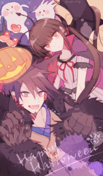 Rule 34 | 1boy, 1girl, aegyo sal, animal ears, antennae, bat wings, black cape, black coat, black gloves, black wings, blunt bangs, brown hair, butterfly earrings, cape, claw pose, coat, collared cape, collared shirt, commentary request, cowboy shot, danganronpa (series), danganronpa v3: killing harmony, dress, earrings, english text, eyelashes, fake animal ears, fake antennae, fake wings, fangs, frilled dress, frilled sleeves, frills, fur collar, ghost, gloves, hair between eyes, hair ornament, hair scrunchie, halloween, halloween costume, happy halloween, harukawa maki, heart, high collar, jack-o'-lantern, jacket, jewelry, light frown, long hair, low twintails, momota kaito, neck ribbon, official alternate costume, open clothes, open coat, open mouth, purple background, purple eyes, purple hair, purple shirt, red cape, red eyes, red ribbon, red scrunchie, ribbon, sakura (fein5862817), scrunchie, shirt, short hair, short sleeves, smile, spiked hair, striped clothes, striped dress, twintails, two-sided cape, two-sided fabric, two-tone background, vertical-striped clothes, vertical-striped dress, very long hair, werewolf costume, white dress, white jacket, wings, wolf ears, yellow background