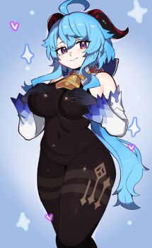 Rule 34 | 1girl, absurdres, ahoge, bare shoulders, bell, black gloves, blue background, blue hair, bodystocking, bodysuit, breasts, closed mouth, commentary, covered navel, detached sleeves, feet out of frame, ganyu (genshin impact), genshin impact, gloves, highres, horns, large breasts, long hair, looking at viewer, neck bell, oniyanna, purple eyes, red horns, sidelocks, sleeveless, sleeveless bodystocking, sleeveless bodysuit, smile, solo, standing, white sleeves