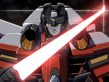 airplane_wing cpqa5 helmet highres humanization machine mecha no_humans robot science_fiction starscream sword transformers transformers_armada transformers_unicron_trilogy weapon yellow_eyes