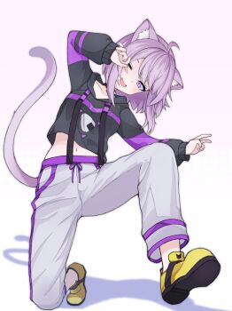 1girl absurdres ahoge animal_collar animal_ear_fluff animal_ears black_collar black_hoodie blush breasts cat_ears cat_girl cat_tail collar commentary cropped_hoodie food food_print full_body hair_between_eyes highres hololive hood hood_down hoodie long_sleeves looking_at_viewer midriff navel nekomata_okayu nekomata_okayu_(1st_costume) one_eye_closed onigiri onigiri_print open_mouth pants purple_eyes purple_hair purple_tail sapusakti shirt short_hair simple_background sleeves_past_wrists smile solo stomach tail virtual_youtuber white_background white_pants