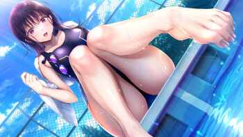 1girl artist_request black_hair blue_sky commentary_request competition_swimsuit day dutch_angle feet foot_focus goggles highres holding holding_towel looking_at_viewer momojiri_serika official_art one-piece_swimsuit open_mouth outdoors poolside purple-tinted_eyewear red_eyes seifuku_kanojo seifuku_kanojo_2 sitting sky solo swimsuit tinted_eyewear toes towel unworn_goggles water wet