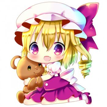 Rule 34 | 1girl, :d, blonde hair, blush, bow, brown eyes, chibi, chocolat (momoiro piano), commentary request, fang, female focus, flandre scarlet, full body, hair between eyes, hat, hat bow, high heels, hugging object, long hair, mob cap, one side up, open mouth, pink bow, puffy short sleeves, puffy sleeves, purple skirt, purple vest, red eyes, red shoes, ringlets, shirt, shoes, short sleeves, sidelocks, simple background, sitting, skirt, smile, socks, solo, stuffed animal, stuffed toy, teddy bear, touhou, vest, wariza, white background, white hat, white shirt, white socks, yellow neckwear