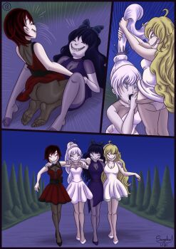 4girls aftersex arms_around_shoulders blake_belladonna blonde_hair breasts cleavage dress fellatio geist_(rwby) grabbing_another&#039;s_hair grimm_(rwby) grin groping high_heels holding_another&#039;s_hair multiple_girls oral penis_emerging_out_of_pussy possessed possession ruby_rose rwby sagabel sex skinsuit smile vaginal weiss_schnee white_hair yang_xiao_long