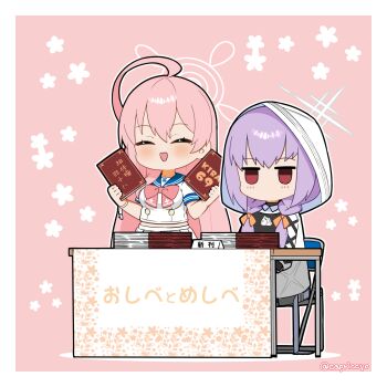 2girls :d ^_^ ahoge atsuko_(blue_archive) blue_archive blue_sailor_collar blush border braid breasts capriccyo chair chibi closed_eyes commentary_request floral_background folding_chair hair_over_shoulder halo hanako_(blue_archive) highres holding hood hood_up hooded_jacket jacket jitome large_breasts long_hair low_twintails midriff multiple_girls on_chair open_mouth pink_background pink_hair pleated_skirt purple_hair red_eyes sailor_collar school_uniform serafuku shirt sitting skirt smile table translation_request twin_braids twintails twitter_username very_long_hair white_border white_jacket white_serafuku white_shirt white_skirt