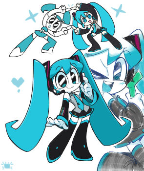 &gt;_o 2girls absurdres aqua_eyes aqua_hair aqua_necktie aqua_skirt bare_shoulders black_eyes black_footwear black_skirt blush_stickers boots chibi collared_shirt colored_skin detached_sleeves food fusion fusion_dance grey_shirt hair_between_eyes hand_on_headphones hatsune_miku headphones headset highres holding holding_food holding_spring_onion holding_vegetable jenny_wakeman kim_crab leaning_to_the_side long_hair miniskirt multiple_girls my_life_as_a_teenage_robot necktie one_eye_closed pleated_skirt shirt skirt sleeveless sleeveless_shirt smile spring_onion thigh_boots trait_connection twintails vegetable very_long_hair vocaloid white_skin wide_sleeves