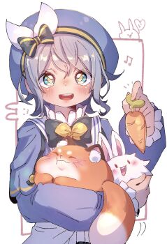 1boy animal bandam black_bow black_bowtie blue_eyes blue_hat blue_shirt blush bow bowtie carrot commentary_request fox grey_hair hat highres holding holding_animal holding_rabbit long_sleeves lunatic_(ragnarok_online) male_focus open_mouth rabbit ragnarok_online ragnarok_origin shirt short_hair smile solo upper_body white_background