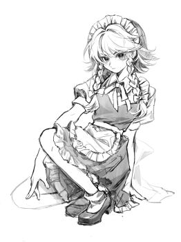 Rule 34 | 1girl, 80isiiii, absurdres, apron, braid, chinese commentary, closed mouth, collared shirt, commentary request, dress, frilled apron, frills, full body, greyscale, highres, izayoi sakuya, maid apron, maid headdress, monochrome, puffy short sleeves, puffy sleeves, shirt, shoes, short hair, short sleeves, side braids, simple background, sketch, socks, solo, touhou, twin braids, waist apron, white background