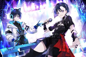 2boys alternate_costume alternate_hairstyle animal_ear_headphones animal_ears arm_at_side asymmetrical_bangs bangs_pinned_back belt belt_buckle black_belt black_gloves black_hair black_shirt black_shorts black_sleeves blue_jacket blunt_ends buckle cat_ear_headphones cat_ears chain chain_necklace closed_mouth clothing_cutout colored_inner_hair concert contemporary dj dual_persona eyelashes eyeliner eyeshadow fake_animal_ears genshin_impact glint gloves glowing_headgear glowing_markings hand_up headphones headset highres holding holding_microphone idol idol_clothes jacket jewelry lapels leaning_back leg_cutout long_sleeves looking_at_viewer makeup microphone mitsudomoe_(shape) mixing_console multicolored_hair multiple_boys necklace neyti_(neytirv) open_clothes open_hand open_jacket open_mouth outstretched_arm pale_skin phonograph purple_eyes purple_hair reaching reaching_towards_viewer red_eyeliner red_eyeshadow scaffolding scaramouche_(genshin_impact) shirt short_sleeves shorts silver_necklace smile split_mouth spotlight stage stage_lights tassel_necklace teeth tomoe_(symbol) turntable turtleneck turtleneck_shirt twitter_username two-sided_fabric two-sided_jacket undershirt upper_teeth_only wanderer_(genshin_impact) watermark white_jacket white_sleeves wispy_bangs zipper