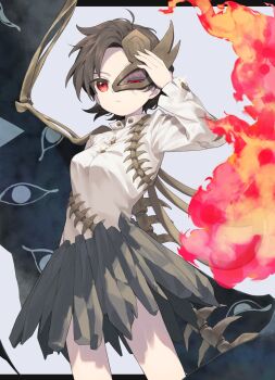 1girl asymmetrical_wings black_wings bone breasts brown_hair burn_scar buttons commentary_request cowboy_shot diamond_button eyes_on_wings fire grey_background grey_skirt half-closed_eye half_mask hand_on_own_head hand_up highres iwanaga_ariya keiki8296 letterboxed long_sleeves mandarin_collar mask medium_breasts red_eyes scar scar_on_face serious shirt short_hair simple_background skeletal_wings skirt solo touhou white_shirt wings