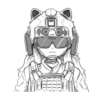1girl :3 animal_ear_headwear black_choker body_armor bulletproof_vest choker combat_helmet fake_animal_ears h@nk helmet load_bearing_vest long_hair looking_at_viewer military_combat_uniform military_operator military_uniform monochrome night_vision_device original smile solo tactical_clothes white_background