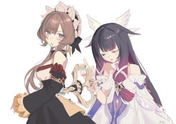 2girls absurdres bare_shoulders black_collar black_dress black_hair black_sleeves blue_eyes blush bonnet bow brown_hair closed_eyes collar colored_inner_hair columbina_(genshin_impact) commentary_request detached_collar detached_sleeves dress eye_mask facing_another frilled_sleeves frills genshin_impact gradient_hair hair_ribbon head_wings highres long_hair long_sleeves looking_at_another mask multicolored_hair multiple_girls open_mouth ove_(user_vcdx4582) purple_hair ribbon sandrone_(genshin_impact) simple_background upper_body white_background white_bow white_dress white_ribbon white_wings winding_key wings