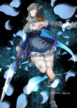 Rule 34 | 1girl, bare shoulders, black boots, black hair, bloodstained: ritual of the night, bloodstained (series), blue dress, blue petals, boots, breast tattoo, breasts, brown hair, commentary request, dress, full body, gradient hair, horns, leg tattoo, miriam (bloodstained), multicolored hair, petals, rosie rosie, sketch, solo, strapless, tattoo