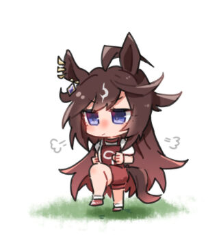 Rule 34 | 1girl, ahoge, animal ears, beer hsk, blue eyes, brown hair, chibi, clenched hands, closed mouth, commentary request, duramente (umamusume), full body, gym shirt, gym shorts, gym uniform, horse ears, horse girl, horse tail, long hair, multicolored hair, puffy short sleeves, puffy sleeves, race bib, red shoes, red shorts, shirt, shoes, short sleeves, shorts, socks, solo, standing, standing on one leg, streaked hair, tail, umamusume, very long hair, white shirt, white socks