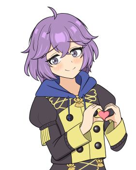 1girl absurdres bernadetta_von_varley blush commentary_request fire_emblem fire_emblem:_three_houses garreg_mach_monastery_uniform grey_eyes heart heart_hands highres hood hood_down long_sleeves messy_hair nintendo purple_hair short_hair simple_background smile solo white_background yoshio_hentai