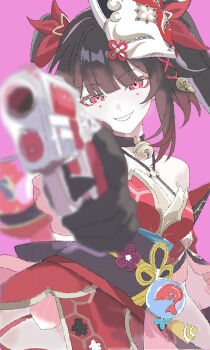 1girl absurdres aiming aiming_at_viewer bare_shoulders bell black_choker black_gloves black_hair choker commentary_request fox_mask gloves grin gun highres holding holding_gun holding_weapon honkai:_star_rail honkai_(series) looking_at_viewer mask mask_on_head neck_bell obi pink_eyes sash smile solo sparkle_(honkai:_star_rail) twintails user_jugk4247 weapon