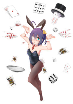 :o absurdres ahoge animal animal_ears black_leotard blue_eyes blush breasts brown_pantyhose card chuunibyou_demo_koi_ga_shitai! cleavage detached_collar dice eyepatch hair_between_eyes hat highres king_(playing_card) leotard medical_eyepatch medium_breasts medium_hair necktie no_shoes pantyhose playing_card queen_(playing_card) rabbit rabbit_ears rabbit_tail red_necktie seisen short_necktie tail takanashi_rikka top_hat wrist_cuffs