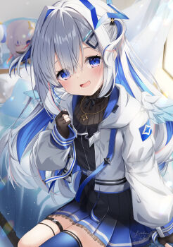 1girl absurdres amane_kanata amane_kanata_(work) asymmetrical_legwear belt black_dress black_gloves black_skirt blue_belt blue_hair blue_skirt blue_thighhighs blush colored_inner_hair commentary_request dress feet_out_of_frame gloves gradient_clothes gradient_skirt gradient_wings grey_hair hair_between_eyes hair_ornament hairclip halo high_collar highres hololive jacket jewelry long_hair long_sleeves looking_at_viewer low_twintails mismatched_legwear multicolored_hair multicolored_wings necklace official_alternate_costume official_alternate_hair_length official_alternate_hairstyle open_mouth partially_fingerless_gloves pleated_skirt purple_eyes single_hair_intake single_thighhigh sitting skirt solo star_(symbol) star_halo star_necklace streaked_hair thighhighs twintails uneven_legwear virtual_youtuber white_jacket white_wings wings yukikawa_sara