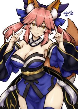 1girl animal_ear_fluff animal_ears artist_name breasts cleavage closed_mouth commentary detached_collar detached_sleeves english_commentary fang fate/extra fate_(series) fox_ears fox_girl fox_shadow_puppet fox_tail highres japanese_clothes kimono large_breasts long_hair looking_at_viewer obi pelvic_curtain pink_hair rotomdocs sash simple_background smile solo tail tamamo_no_mae_(fate) thighhighs twintails white_background wide_sleeves yellow_eyes