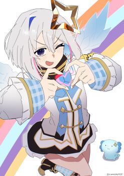 1girl aiguillette amane_kanata amane_kanata_(1st_costume) angel angel_wings animal armband artist_name axolotl axolotl_(minecraft) black_boots black_dress blue_bow blue_bowtie blue_hair blue_socks blue_wings bob_cut boots bow bowtie colored_inner_hair cropped_jacket dress dress_under_shirt feathered_wings four-finger_heart_hands frilled_dress frills gingham_legwear gingham_sleeves gingham_socks grey_hair grey_jacket hair_between_eyes halo hands_up heart heart_hands highres hololive jacket kneehighs long_sleeves looking_at_viewer minecraft mini_wings multicolored_hair nuezou one_eye_closed open_mouth pink_hair purple_eyes rainbow shirt short_dress short_hair simple_background single_hair_intake sleeve_cuffs sleeves_past_wrists smile socks solo_focus star_halo streaked_hair turtleneck turtleneck_dress twitter_username virtual_graduation_commemoration virtual_youtuber white_background white_shirt wide_sleeves wings