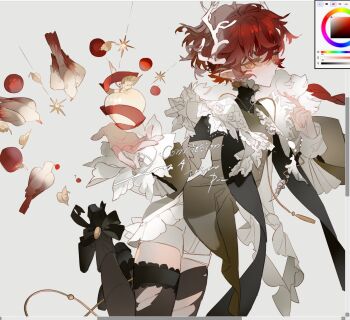 1boy antlers apple bird black_thighhighs food frills fruit full_body grey_background hair_between_eyes hair_ornament highres horns index_finger_raised liulianjingrua long_sleeves looking_at_viewer male_focus original pantyhose pointy_ears red_hair short_hair shorts solo thighhighs too_many too_many_frills torn_clothes torn_pantyhose white_shorts