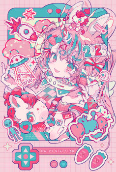 1girl 2026 animal_ears chinese_zodiac commentary_request d-pad hair_ornament happy_new_year highres horse_ears long_hair looking_at_viewer new_year open_mouth original pink_hair smile solo sticker twintails unicorn_horn year_of_the_horse yumenouchi_chiharu