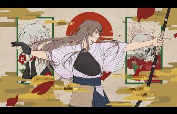 Rule 34 | 2boys, aiming, archery, black gloves, blue hakama, bow (weapon), brown hair, bug, centipede, closed mouth, commentary request, egasumi, flower, friedmola, gintama, gloves, grey hair, hakama, hakama skirt, highres, holding, holding bow (weapon), holding weapon, japanese clothes, kimono, kyuudou, letterboxed, long hair, male focus, multiple boys, muneate, oboro (gintama), outstretched arms, partially fingerless gloves, partly fingerless gloves, petals, profile, single glove, skirt, skull, tasuki, teacher and student, weapon, yoshida shouyou, yugake