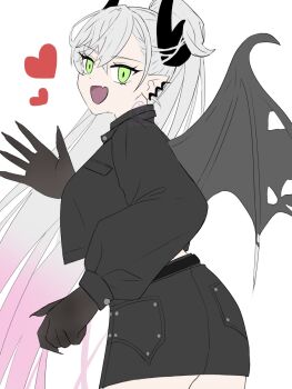 1girl bat_wings earrings fate/grand_order fate_(series) gradient_hair green_eyes heart highres jewelry lilith_(fate) lilith_(over_the_same_sky)_(fate) multicolored_hair open_mouth pencil_skirt pink_hair ponytail rukamr_fgo single_earring skirt solo white_hair wings