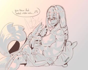 2girls animal_ears arisen_miyabon7 artist_name blunt_bangs blush closed_eyes commentary earrings english_commentary english_text fox_ears fox_girl fox_tail glasses gradient_background hair_between_eyes hoshimi_miyabi jewelry long_hair looking_at_another multiple_girls open_mouth pregnant sidelocks smile speech_bubble tail tsukishiro_yanagi wife_and_wife yuri zenless_zone_zero