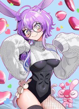 1girl absurdres ahoge animal_ears armband arrow_through_heart black_leotard blush breasts closed_mouth covered_navel cropped_sweater fang fishnet_pantyhose fishnets glasses grey_eyes grey_thighhighs heart highres jared_(michi_mochievee) leotard michi_mochievee multicolored_hair pantyhose purple_armband purple_hair rabbit_ears rabbit_girl ribbed_thighhighs round_eyewear single_fishnet_legwear skin_fang sleeves_past_fingers sleeves_past_wrists smile stitched_face stitches streaked_hair sweater thighhighs virtual_youtuber vshojo white_hair white_sweater yuarima2