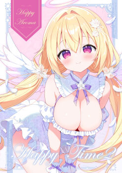1girl aoi_yun bare_shoulders blonde_hair blush breasts cleavage closed_mouth commentary_request cover cover_page detached_sleeves dress english_text flower frilled_wrist_cuffs frills hair_between_eyes hair_flower hair_intakes hair_ornament halo highres large_breasts leaning_forward long_hair looking_at_viewer low_twintails original pink_halo puffy_short_sleeves puffy_sleeves purple_eyes purple_ribbon ribbon short_sleeves sleeveless sleeveless_dress smile solo twintails very_long_hair white_dress white_flower white_wings white_wrist_cuffs wings wrist_cuffs