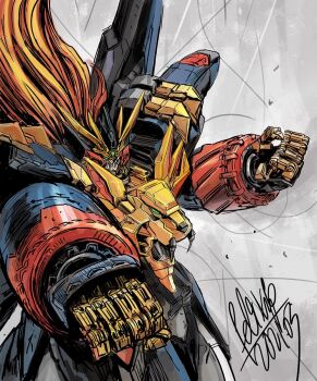 clenched_hand commentary_request felix_ip fighting_stance floating_hair genesic_gaogaigar green_eyes highres long_hair mecha mecha_focus no_humans orange_hair outstretched_arms robot science_fiction signature solo super_robot upper_body v-fin yuusha_ou_gaogaigar yuusha_ou_gaogaigar_final yuusha_series