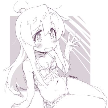 Rule 34 | 1girl, :d, ahoge, arm support, bare shoulders, blush, border, breasts, casual one-piece swimsuit, collarbone, covered navel, frilled one-piece swimsuit, frills, highres, long hair, looking at viewer, matado (almukha), monochrome, one-piece swimsuit, onii-chan wa oshimai!, open mouth, outside border, oyama mahiro, simple background, sitting, small breasts, smile, solo, swimsuit, thighs, twitter username, waving, white background