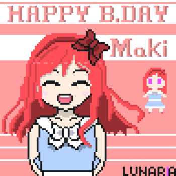 1girl 8-bit aqua_skirt arms_behind_back artist_name artist_request blush bow breasts chibi dual_persona closed_eyes female_focus full_body hair_between_eyes hair_bow hairband highres looking_at_viewer love_live! love_live!_school_idol_project nishikino_maki parted_lips purple_eyes red_bow red_footwear red_hair red_hairband sailor_collar short_hair skirt small_breasts smile solo upper_body white_sailor_collar